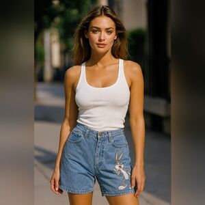 Vintage 90s Jerry Leigh Looney Tuned Bugs Bunny Jean Shorts Size L High Rise EUC